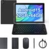 Tablet Android 15, 10 inch 2 in 1 Tablets with Keyboard Mouse Case Stylus, 12GB+64GB+1TB Expand Tablet, 1.8Ghz Quad-core CPU, 1280*800 IPS Touch Screen Computer, 5G Wi-Fi6 BT 5, 6000mAH Battery Tab PC